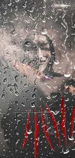 Masked figure with raindrops on glass and red streaks, dramatic wallpaper.