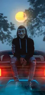 Masked individual on car, sunset in background.