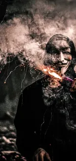 Man in mysterious mask holding sparkler.