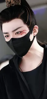 Mysterious character with a mask in black attire, showcasing red eye design.