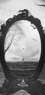 Surreal mirror landscape in monochrome grayscale art.