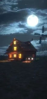 Moonlit cabin with glowing windows and windmill under a cloudy night sky.