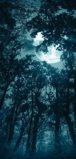 Mysterious moonlit forest with silhouetted trees against a glowing night sky.