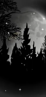 Silhouetted forest with a full moon and stars in a dark serene night sky.