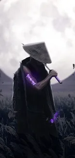 Mysterious warrior with sword under full moon in a field with purple glow.