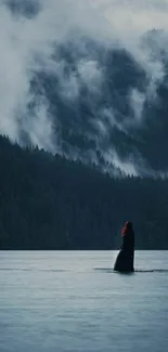 Mystic mountain lake with mist and trees.