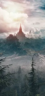 Mystical mountain landscape with clouds and trees in vibrant colors.