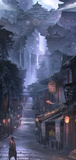 Mysterious mountain village with traditional architecture at night.