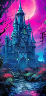 Mystical castle with a vibrant pink moon in the background.