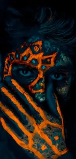 Close-up of face with neon orange and blue abstract art design.