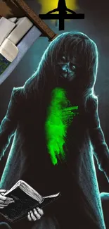 Enigmatic figure with neon green glow and surreal elements in dark wallpaper.