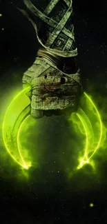 Mysterious neon green claw artwork in dark setting.