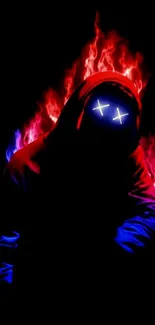 Neon hooded figure with red and blue flames.