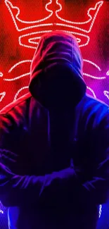 Hooded figure silhouetted in neon glow.