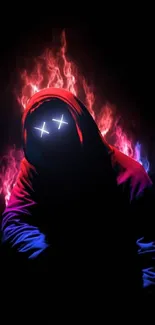 Neon hoodie figure with glowing eyes and vibrant flames.