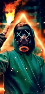 Figure in neon hoodie with gas mask holding a flare.