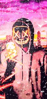 A neon masked figure against a vibrant cityscape, glowing under a magenta sky.