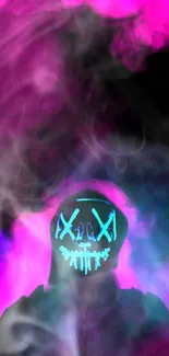 Mystical neon mask with pink mist on mobile wallpaper.