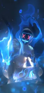 Hooded figure with neon mask surrounded by blue flames.