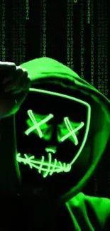 Mysterious neon mask with green code background