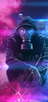 Hooded figure with gas mask, vivid neon colors and cityscape.