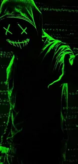 Mysterious neon green masked figure on a dark background for mobile wallpaper.