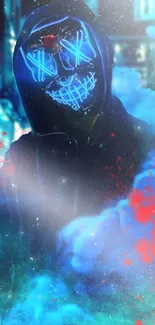 Mysterious neon masked figure with blue and red hues in a dark urban setting.