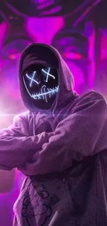 Mysterious hooded figure with neon mask and purple background.