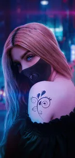 Masked woman with tattoo in neon city background.