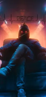 Mysterious hooded figure with neon lights and peace symbol.