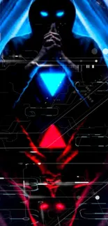 Abstract hooded figure with neon blue and red reflections on a dark background.