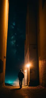 Mystical alley at night with a lone silhouette under a starry sky.