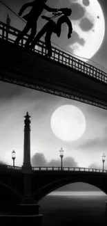 Silhouette on night bridge with full moon scene.