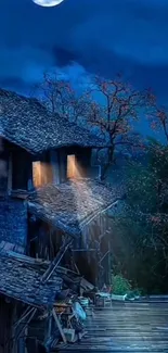 Mysterious cottage at night under a bright moon, surrounded by dark blue tones.