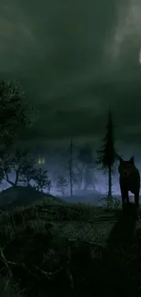 Moonlit forest with wolf in dark, foggy ambiance.