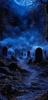 Mysterious moonlit graveyard scene with dark blue tones.