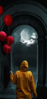 Person in yellow jacket holding red balloons in moonlit gothic archway.