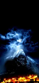 Mysterious night mountain with glowing moon and clouds.