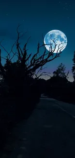 A moonlit road at night with a silhouetted tree and a luminous full moon.