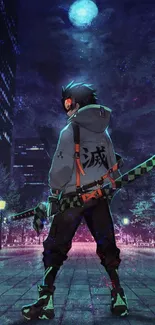 Anime samurai stands in neon-lit city night scene.