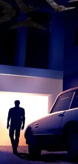 Silhouette of a man with a vintage car under a dark blue night sky with bats.