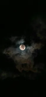 A dark, mysterious night sky with a glowing moon surrounded by clouds.