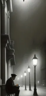 Mysterious street at night with vintage lampposts.