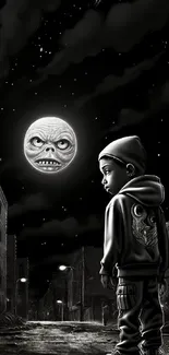 A young boy under a bizarre moon in a dark city street, creating a surreal scene.