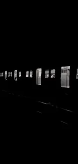 Night train with glowing windows in darkness.