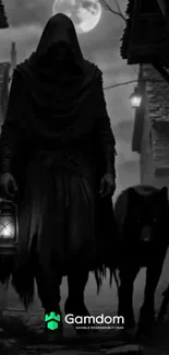 Hooded figure with a wolf under moonlight