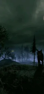 Lone wolf standing under full moon in a dark, misty forest night scene.