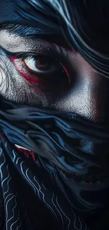 Close-up of a mysterious ninja's eye with dark tones.