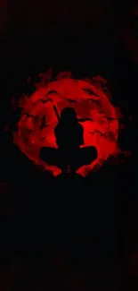 Silhouette of a ninja in front of a red moon with bats flying.