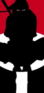 Ninja silhouette with red background, exuding mystery and stealth.